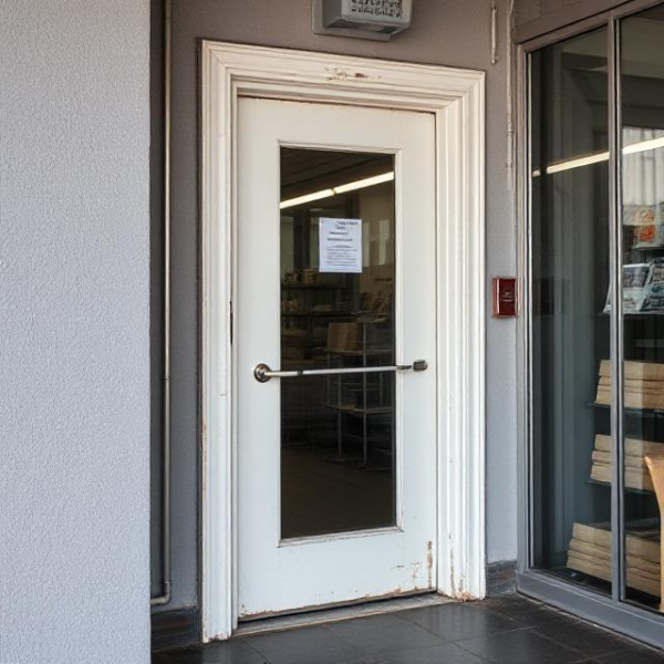 A close-up view of a commercial door showing visible damage like cracks, rusted hinges, and worn-out weatherstripping, indicating the need for professional repair services. The door’s misalignment and issues with functionality are evident, showcasing the importance of commercial door maintenance and repair.