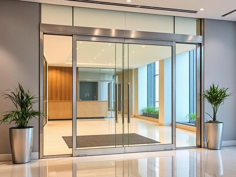 A-24 Hour Door National Inc. offers expert commercial door installation, repair, and maintenance services for property management companies. The image showcases a high-quality glass sliding door in a commercial space, with an emphasis on sleek, professional installation.