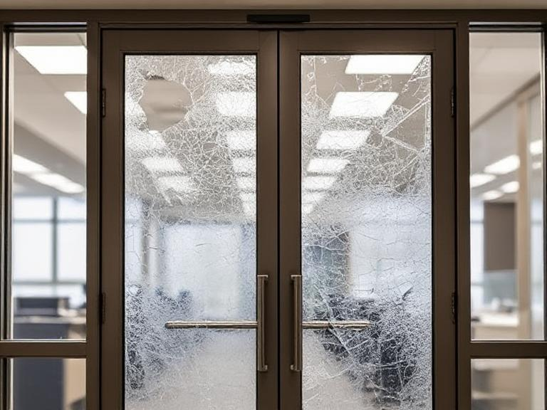  A detailed breakdown of common commercial door problems such as broken locks, damaged glass panels, misaligned doors, and automatic malfunctions. The image shows repair tools and components in a professional, clean setting.