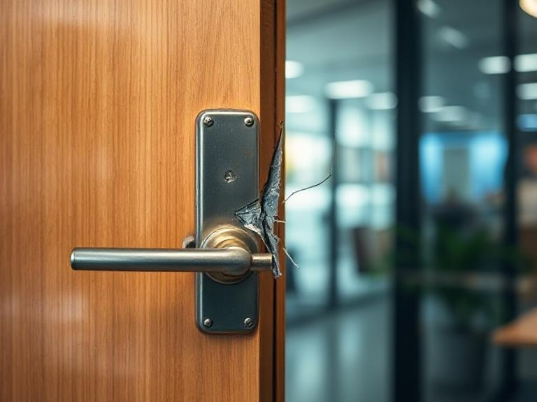 Emergency commercial door repair services in Cincinnati, focusing on visible signs of door damage such as broken locks, misaligned hinges, and malfunctioning tracks that require urgent attention.