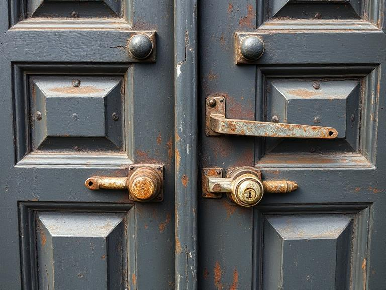 Close-up of a commercial door showing rust and corrosion on hinges, locks, and tracks, demonstrating structural instability and the need for immediate repair.