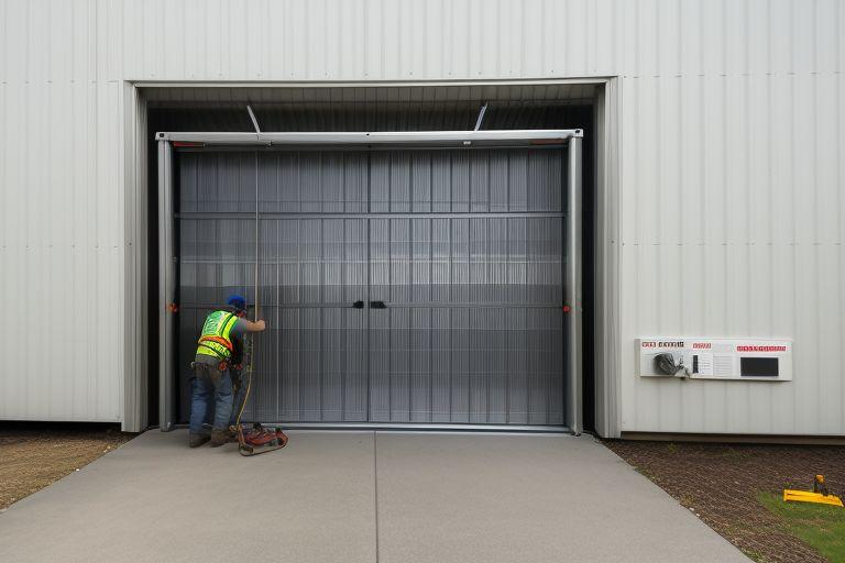 A-24 Hour Door National Inc. technician performs emergency repair on a jammed overhead steel door outside a business in Buffalo, NY, using specialized tools from a fully stocked service truck.