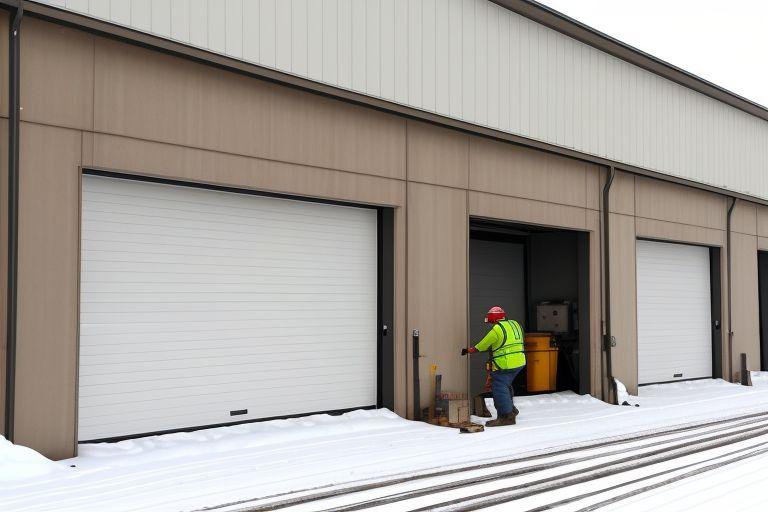 Technician from A-24 Hour Door National installs a steel overhead commercial door at a warehouse in Buffalo NY.