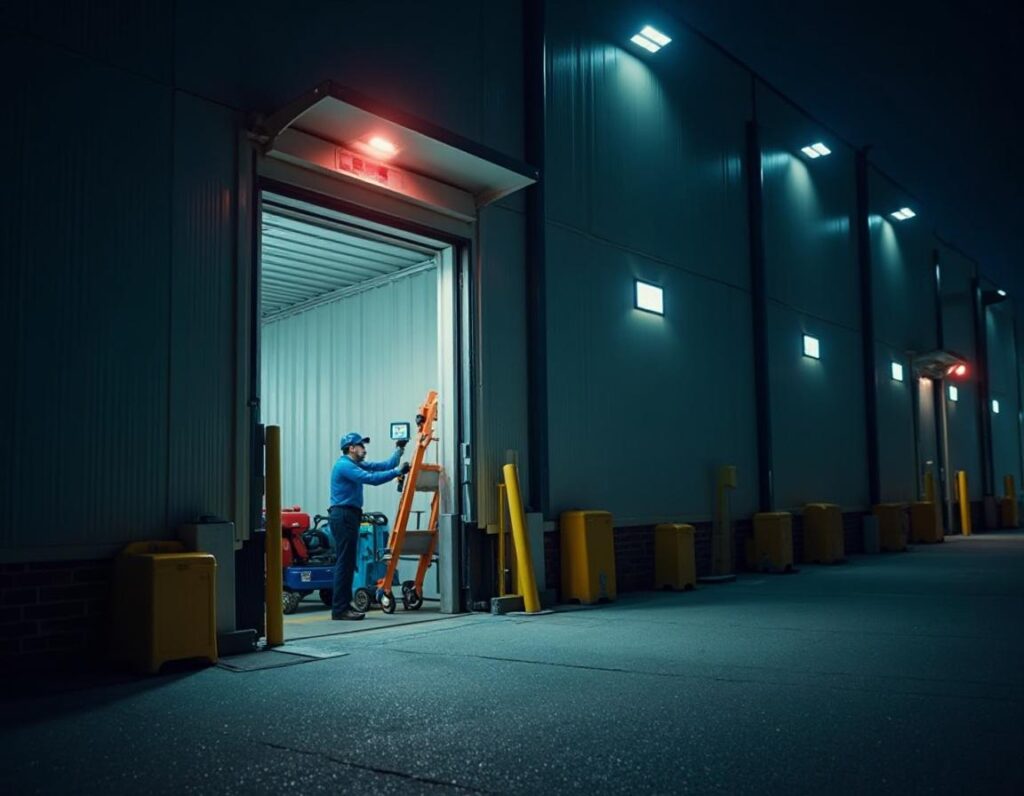 Emergency door repair service being performed at night at a commercial facility in Cincinnati, OH. A-24 Hour Door National Inc. responds quickly to restore access and secure the site with professional tools and equipment.