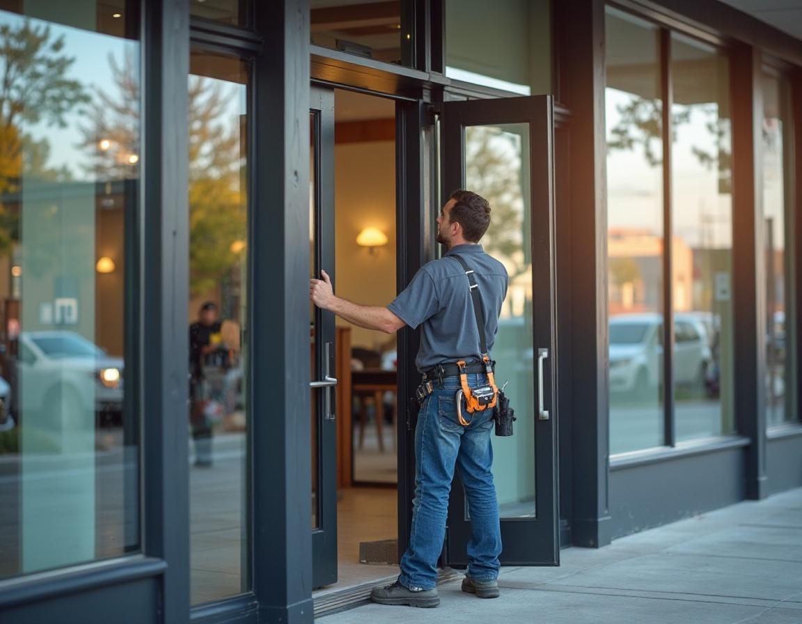 Technician installing a commercial glass door in Rochester NY