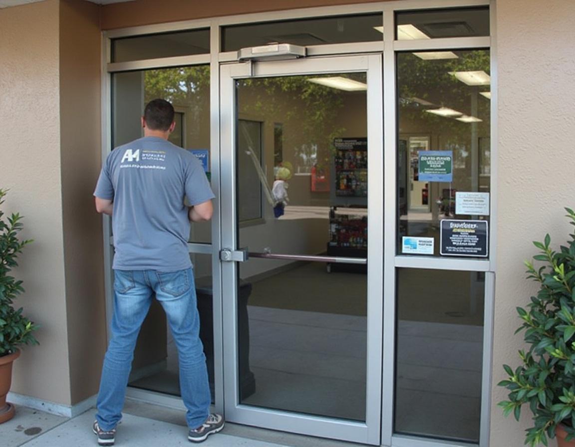 Technician repairing a storefront aluminum commercial door in Rochester NY