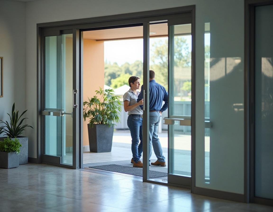 Technician repairing automatic sliding doors at a business in Cincinnati, OH