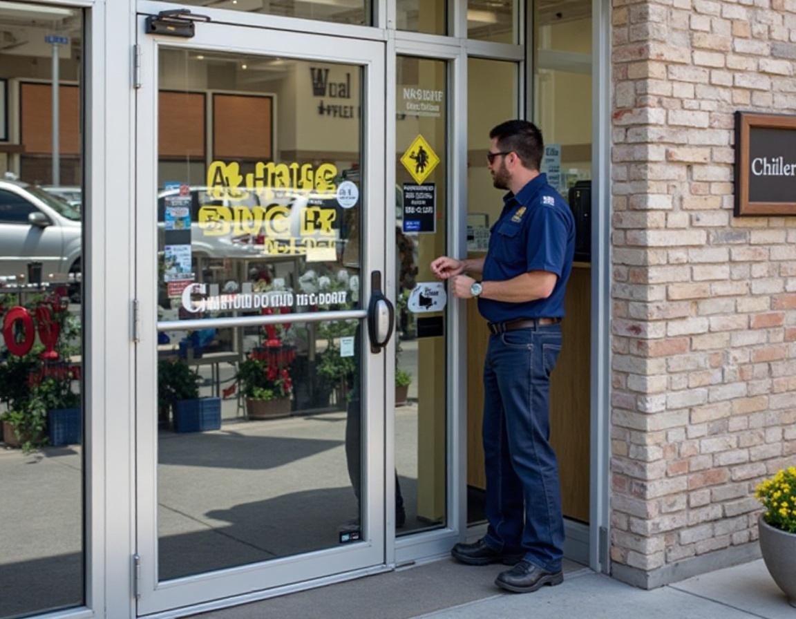 Technician repairing commercial glass door at a retail business in Cincinnati, OH