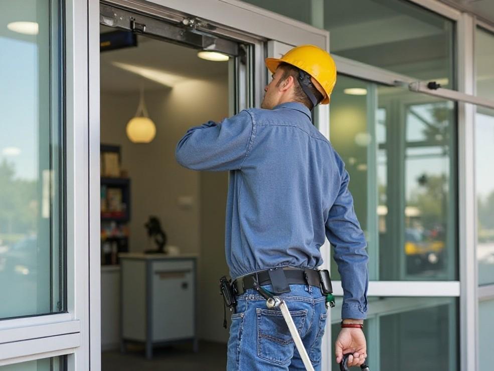 AAADM-certified technician repairing an automatic sliding glass door in Buffalo NY