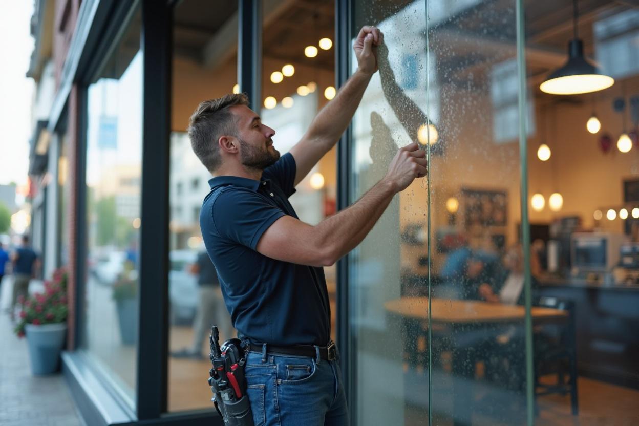 Technician replacing storefront glass panel in Buffalo NY