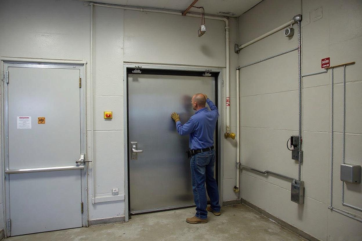 Technician installing a 90-minute fire-rated steel door in Buffalo NY