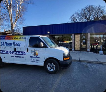 A 24 Hour Door service van in front of a Cincinnati, OH facility, ready to provide commercial door services including storefronts, entry doors, and hardware.