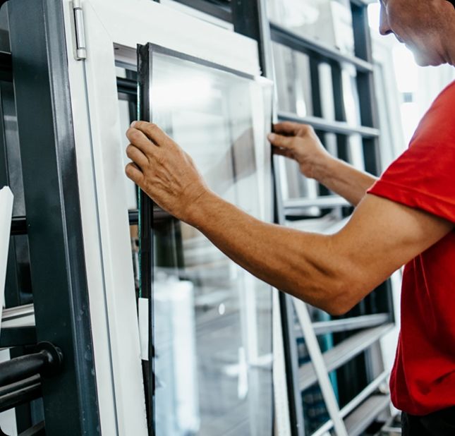 Technician installing a glass panel into a commercial door frame in Cincinnati, OH as part of A 24 Hour Door’s services.