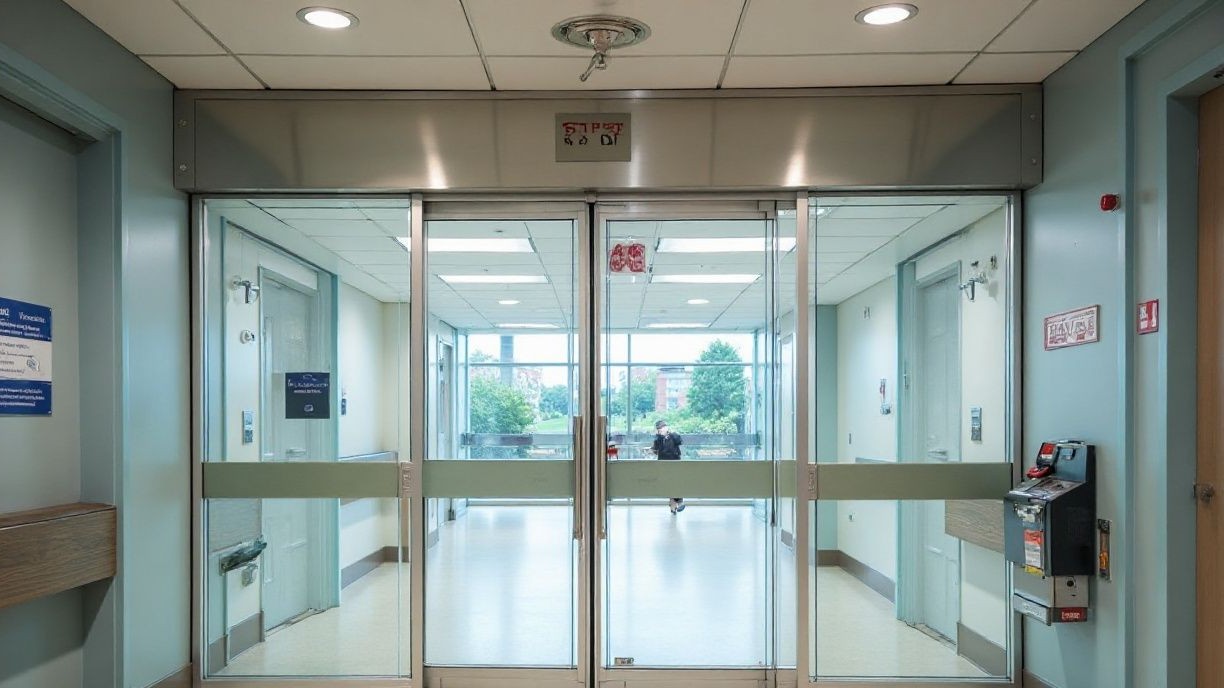 Technician repairing an automatic sliding glass door in Rochester NY – A-24 Hour Door National Inc.