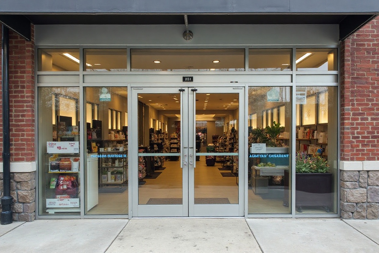 Technician repairing an automatic sliding door in a Philadelphia retail store.