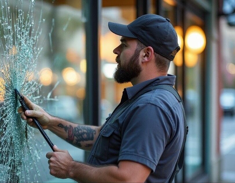 Technician repairing and boarding up a broken commercial glass storefront door in Rochester NY – A-24 Hour Door National Inc.