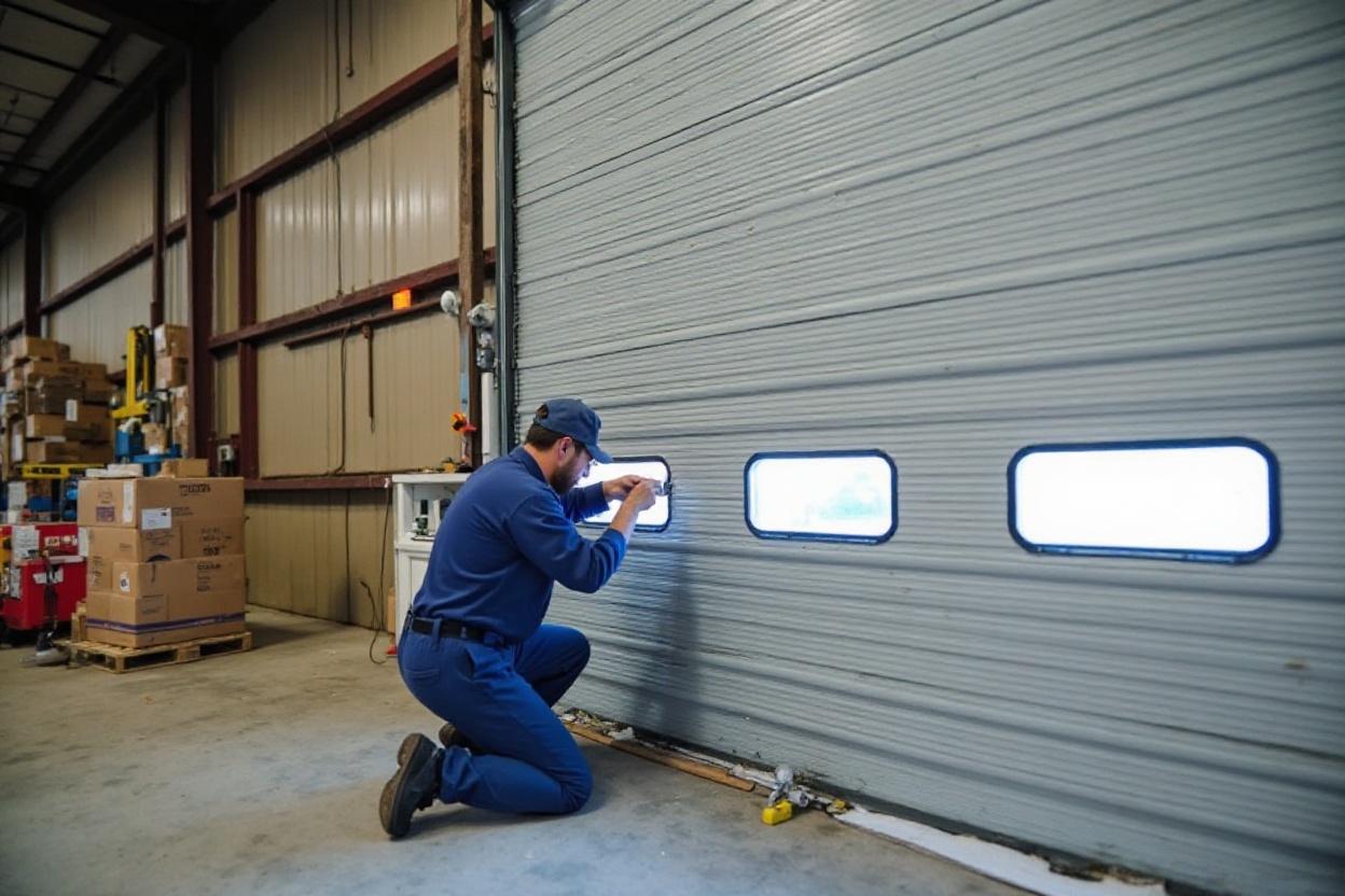 Emergency rolling gate repair at Buffalo logistics facility at night