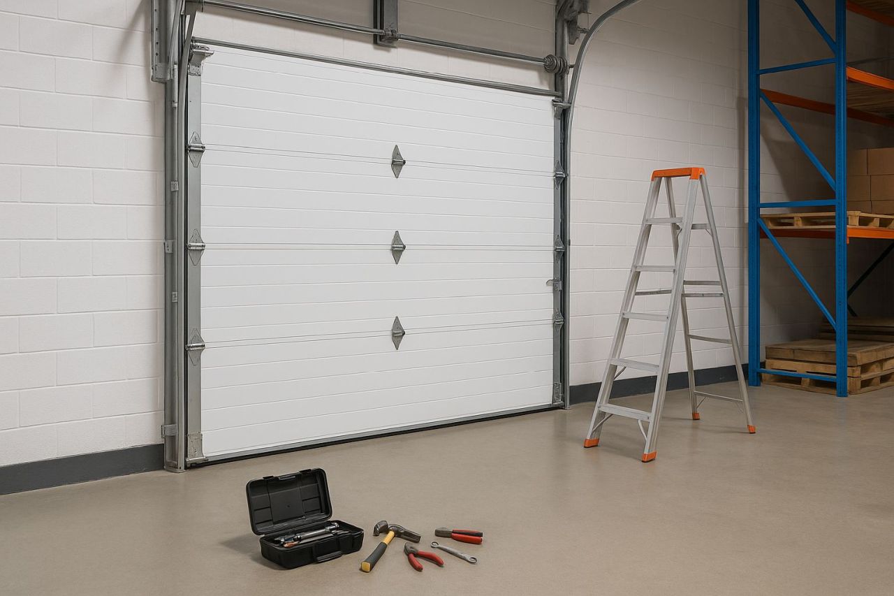 Loading dock door in a Rochester warehouse with exposed hardware, tools, and a ladder arranged for repair.