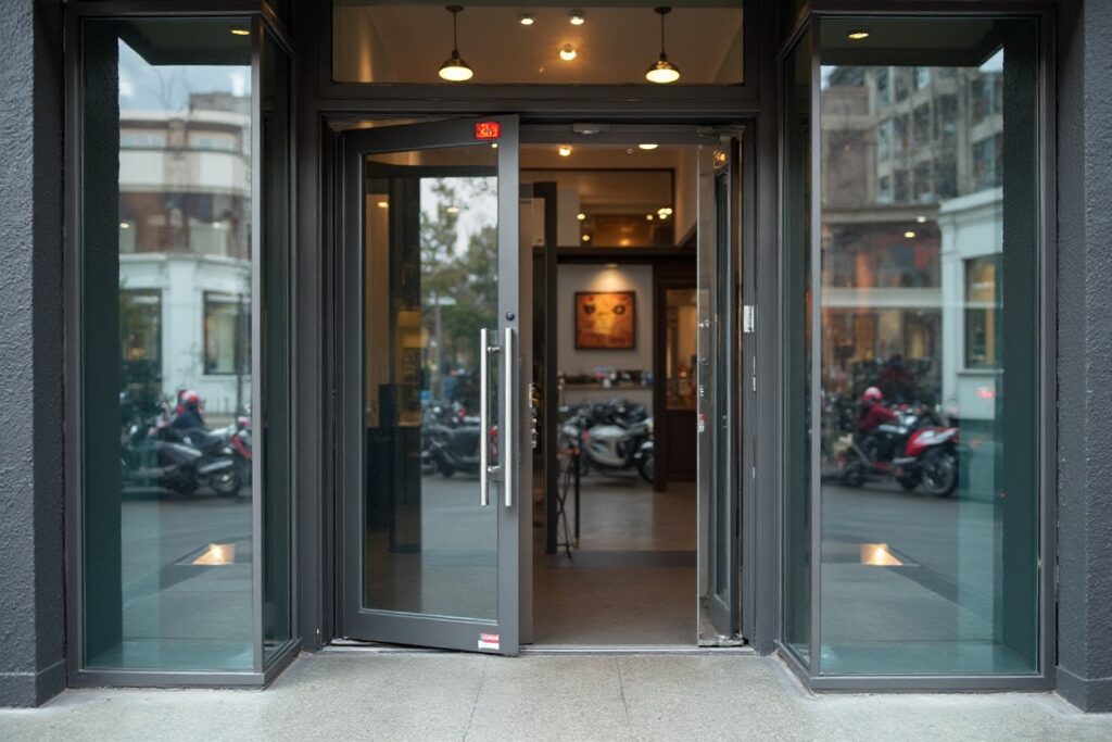 Commercial metal door stuck open due to hinge and alignment failure at a business entrance