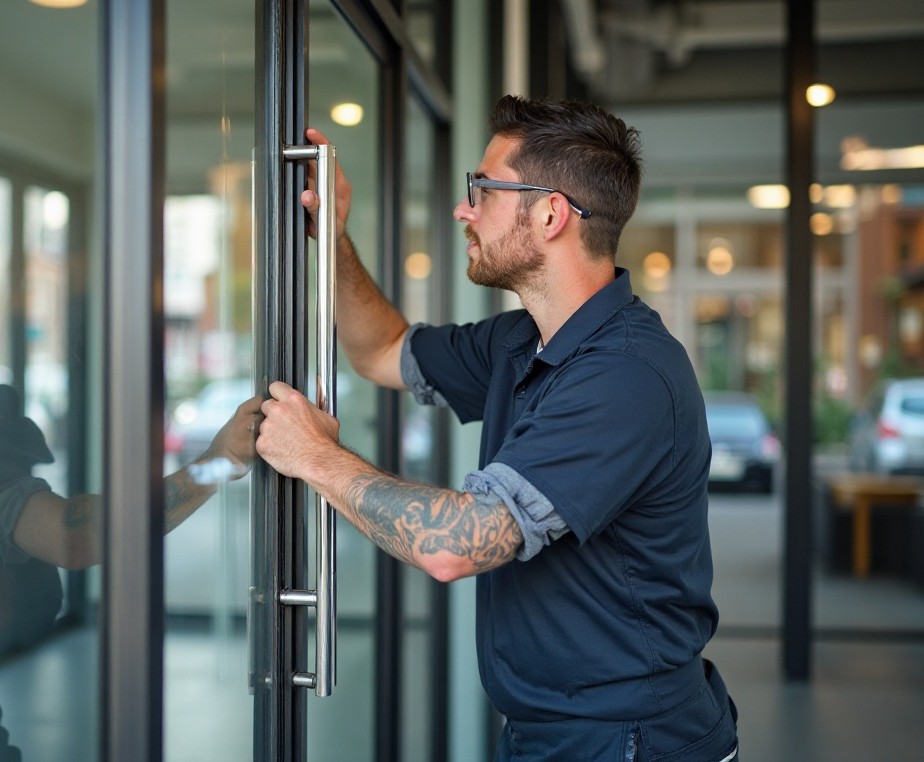 Technician performing maintenance on a commercial glass storefront door