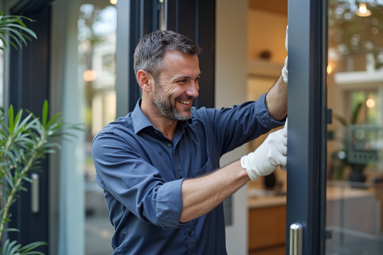 Emergency commercial door repair technician fixing damaged storefront door