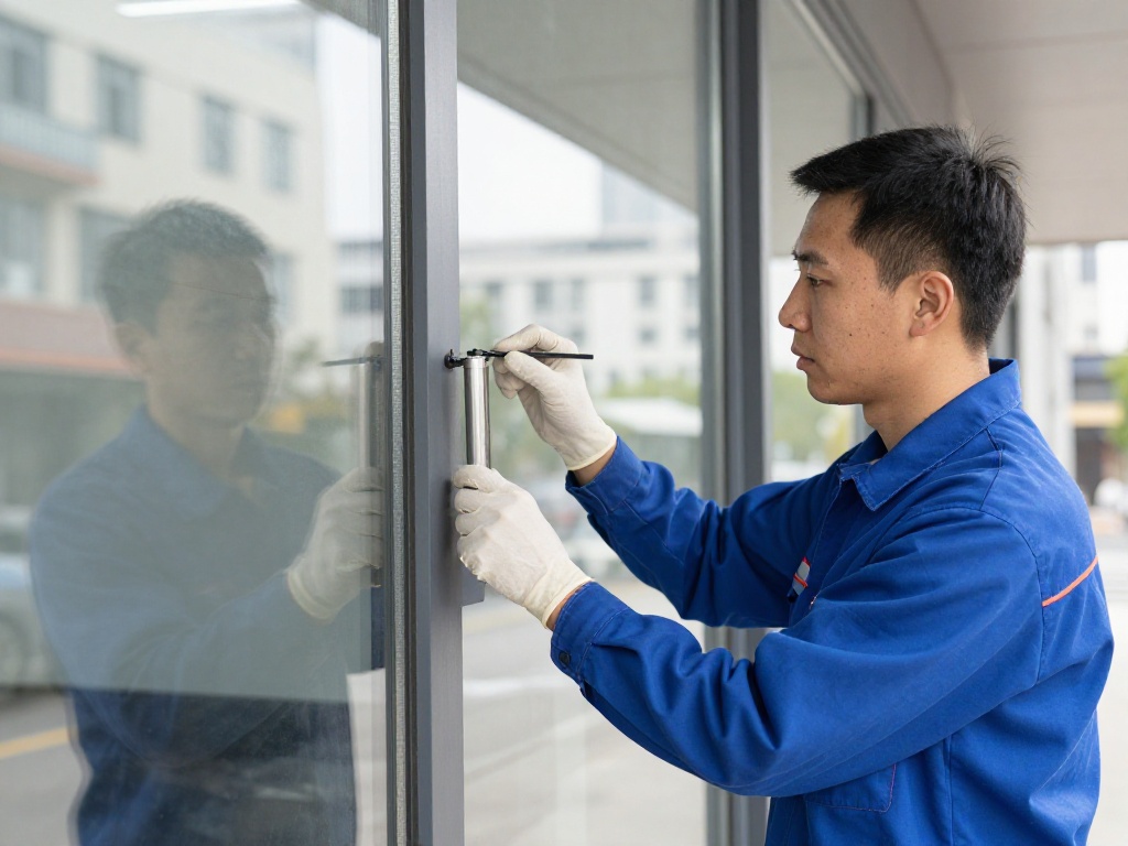 Storefront door repair Buffalo NY technician working