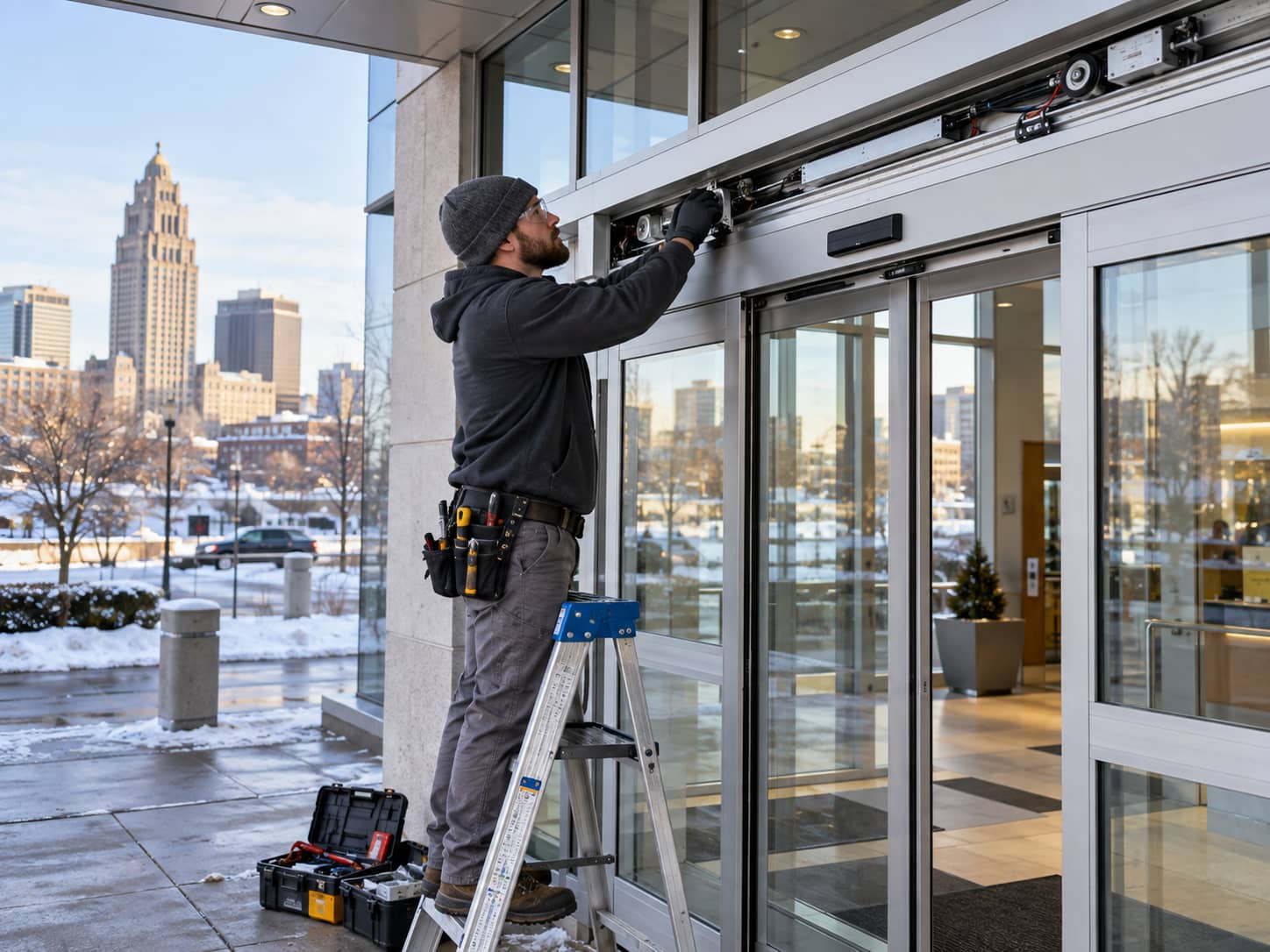 Technician installing and adjusting an automatic sliding glass door system at a commercial building in Buffalo, NY.