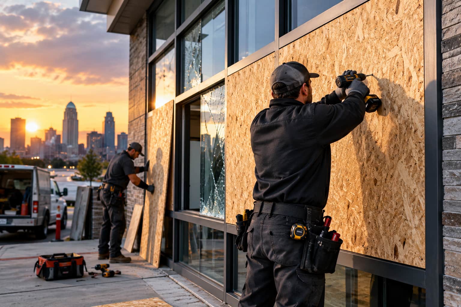 Professional technicians boarding up damaged storefront windows during an emergency window board-up service in Buffalo, New York.