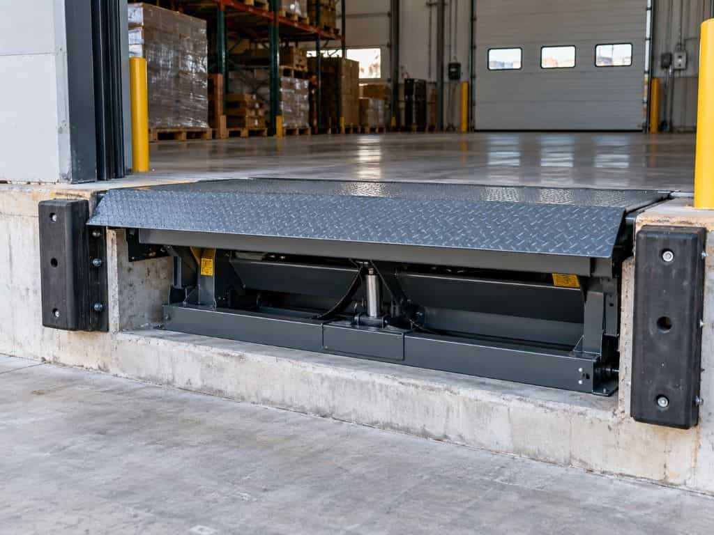 Hydraulic loading dock leveler representing Dock Leveler Repair Buffalo NY at a commercial warehouse.