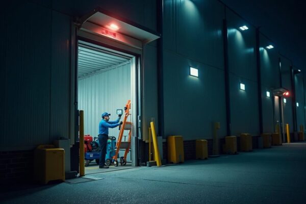 24/7 Emergency Door Repair Services | A-24 Hour Door National Inc. Emergency door repair service being performed at night at a commercial facility in Cincinnati, OH. A-24 Hour Door National Inc. responds quickly to restore access and secure the site with professional tools and equipment.